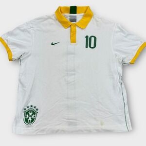 Vintage Nike Brazil National Football Club CBF #10 Polo Shirt Men's XL White Y2K